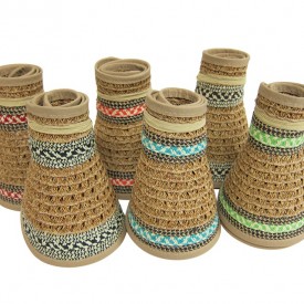 Dynamic Asia-rolled-up-straw-sun-visors-wholesale-hats-tribal print neutral straw compact easy travel