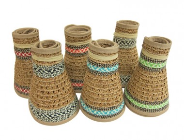 Dynamic Asia-rolled-up-straw-sun-visors-wholesale-hats-tribal print neutral straw compact easy travel