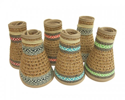 Dynamic Asia-rolled-up-straw-sun-visors-wholesale-hats-tribal print neutral straw compact easy travel