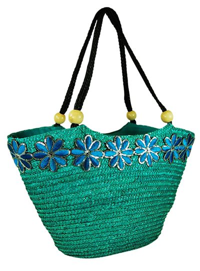 Wheat Straw Handbag w/ Sequin Flowers Braided Handles Wood Beads Beach Bag Wholesale Distributor Resort Accessories- Dynamic Asia