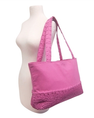 pink canvas and straw beach bag