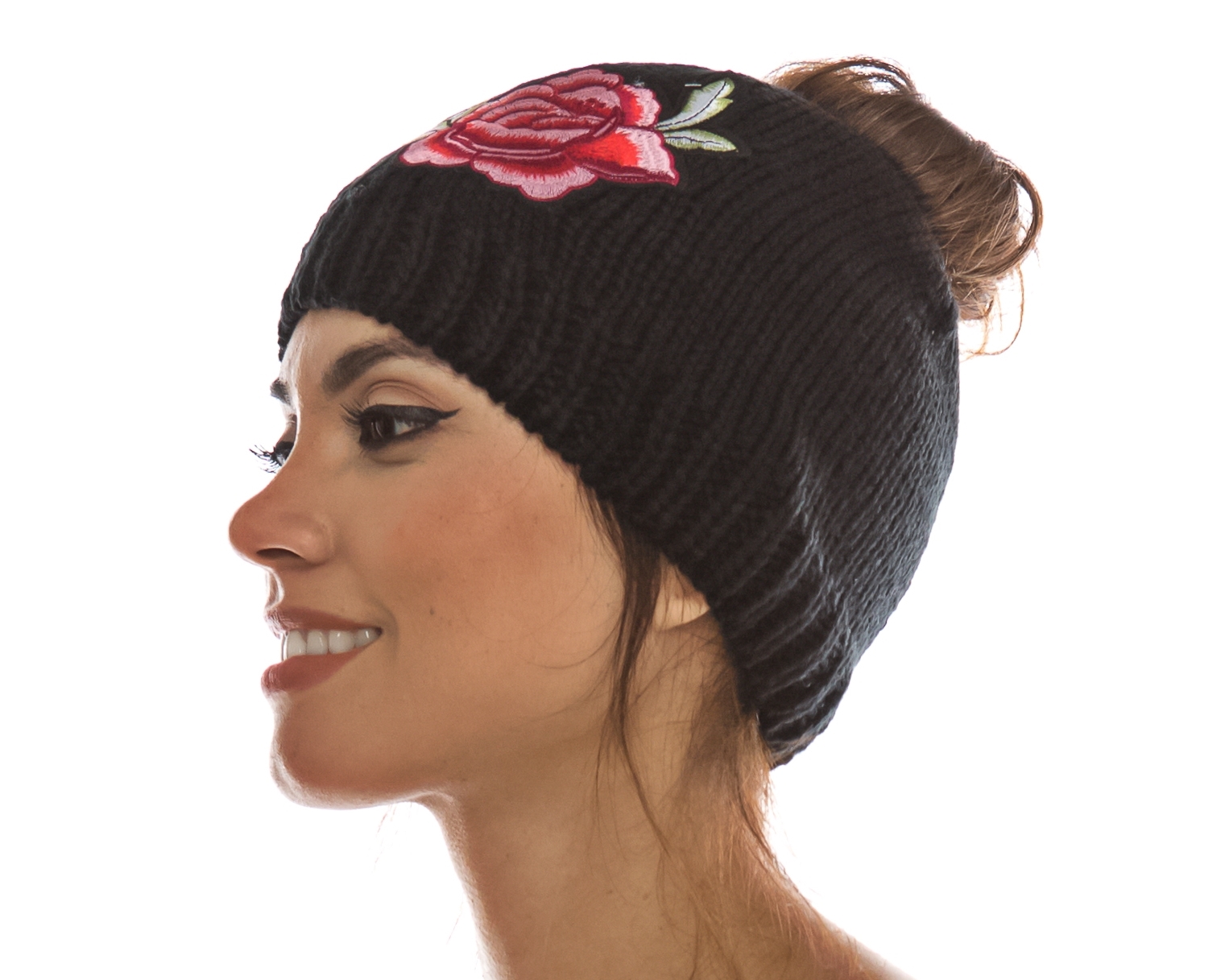 messy-bun-beanies-wholesale rose beanie